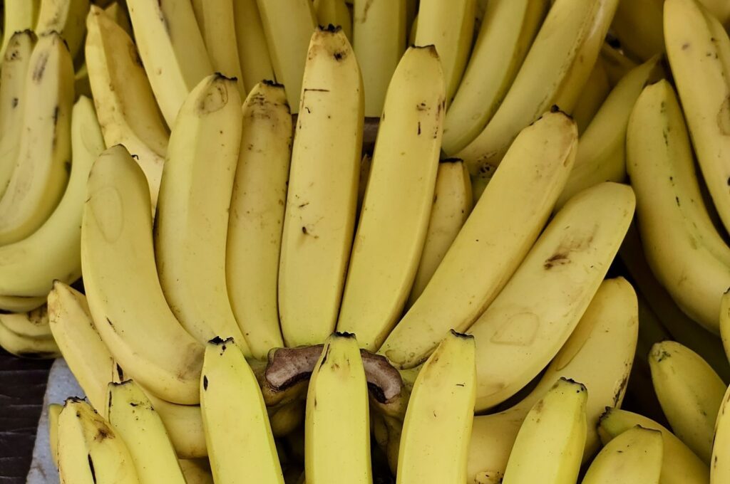 Bright yellow bananas arranged in bunches for sale at a market in Asalpha, Mumbai, Maharashtra.